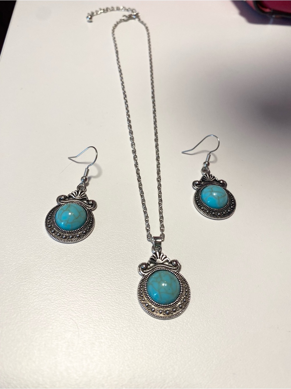Bundle Item - NWOT Turquoise Stone Silver-Tone Pendant Necklace and Earring Set